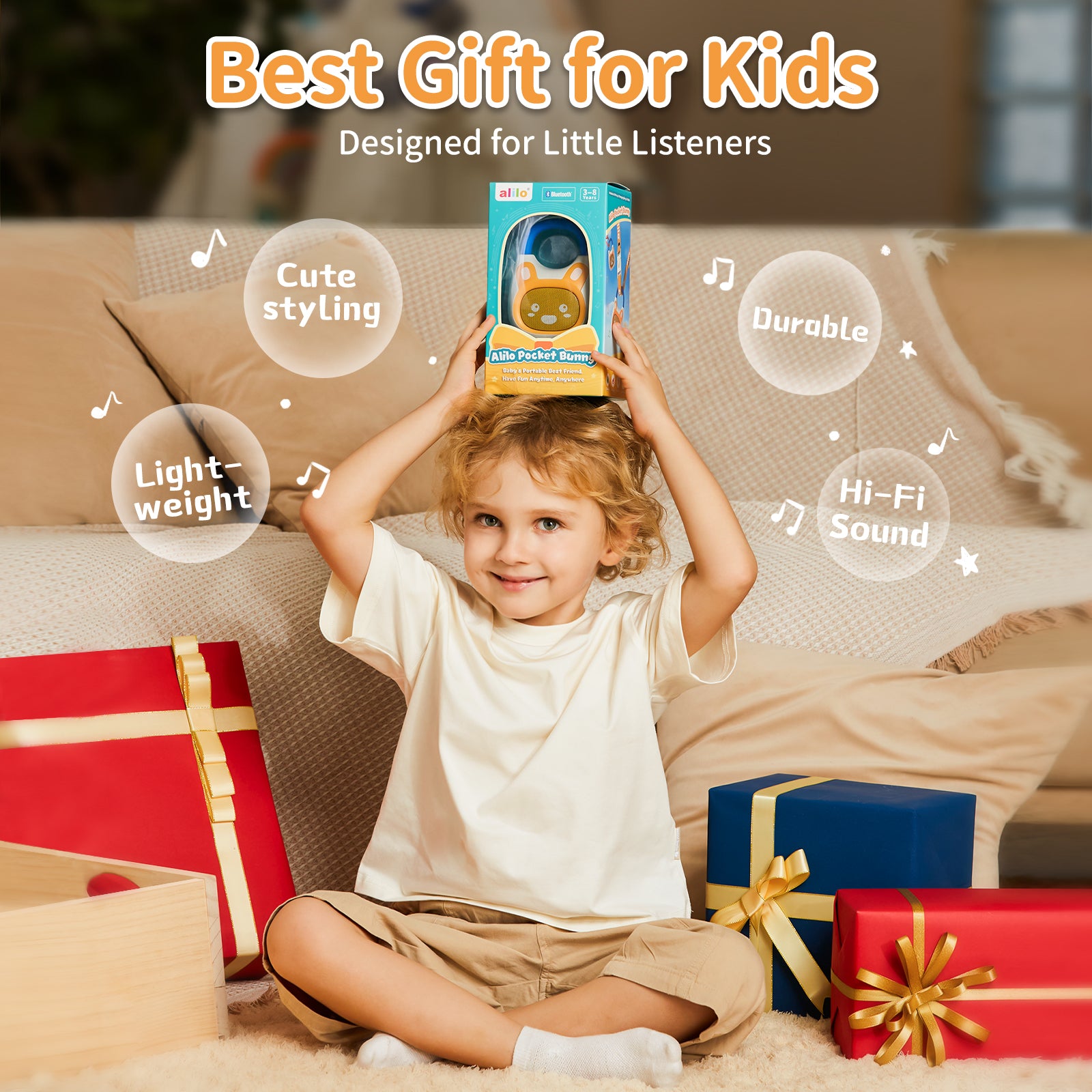 alilo Pocket Bunny Portable Toddler Music Player for Ages 3-8, Preloaded 120+ Stories, Songs, Lullabies, White Noise, with Strap & Ring, Hi-Fi Sound