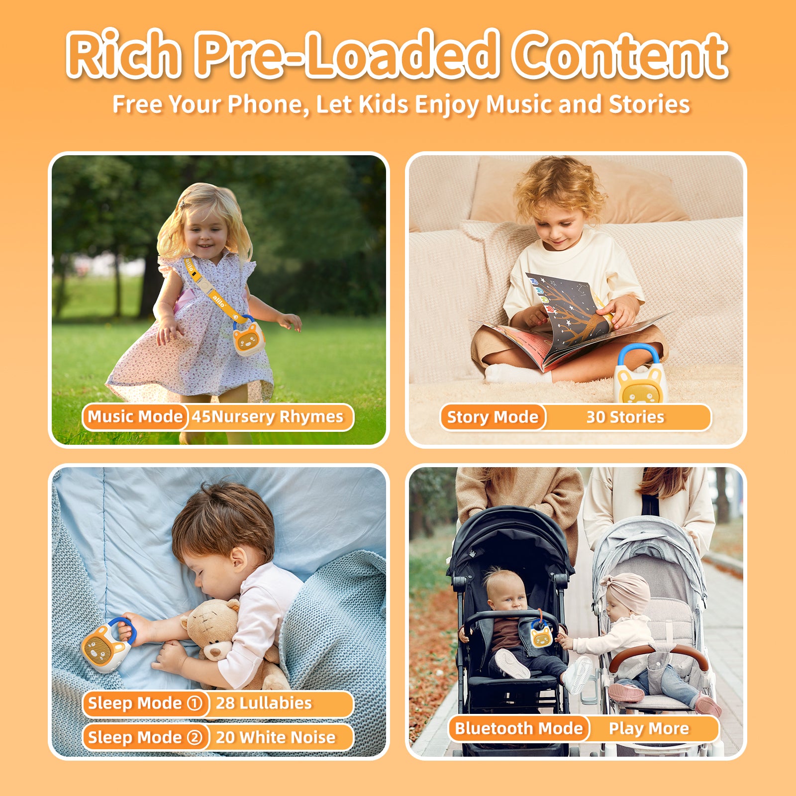 alilo Pocket Bunny Portable Toddler Music Player for Ages 3-8, Preloaded 120+ Stories, Songs, Lullabies, White Noise, with Strap & Ring, Hi-Fi Sound